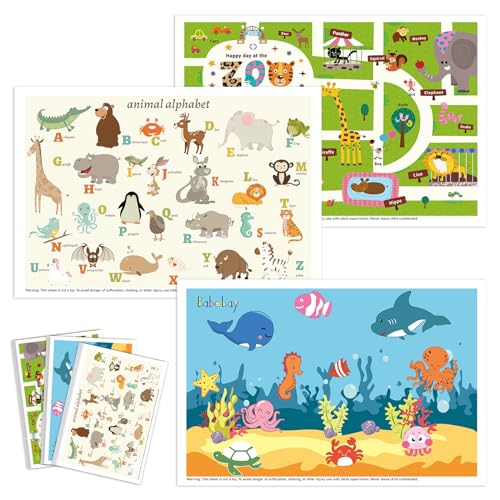 Babebay Disposable Stick-On Placemats for Baby, 60 Pack, 3 Animal Designs