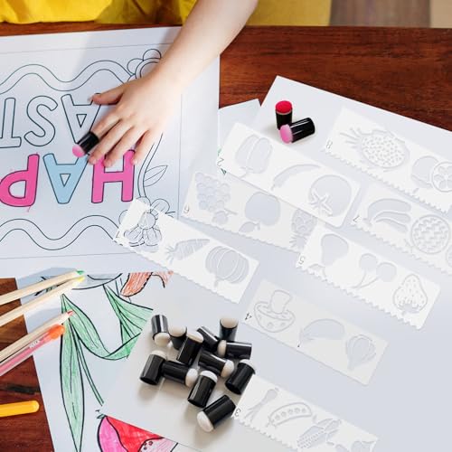 Daily Treasures 20Pcs Finger Sponge, Finger Sponge daubers with 8Pcs Vegetables and Fruits Stencil Templates for Arts and Craft Painting Projects-Daubers for Stamping, Drawing, Ink, Card Making