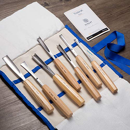 7-pc Wood Chisel Set with Gouges, Hand Sharpened | Professionally sharpened carving chisels for beginners, sculpture and relief carving, ergonomic handles, tutorials included - color: Professionally Sharpened 7 Piece Set