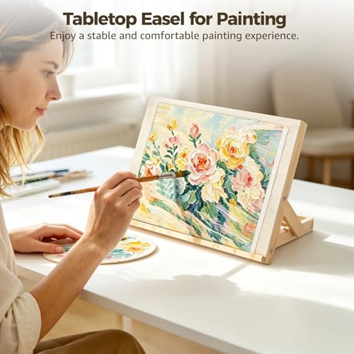 Tabletop Easel for Painting, 13x9.1 Wooden Art Easel Tabletop with Adjustable Angles,Small Portable Foldable Wood Drawing Stand for Canvas, Sketching, Drawing, Books, Tablets