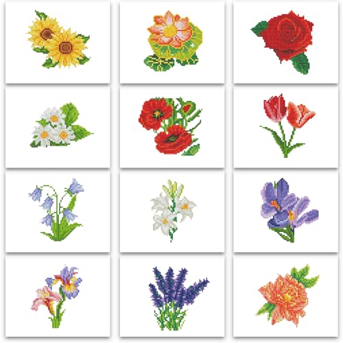 PeakLuv Small Diamond Art Kits Flowers Mini Diamond Painting Kit for Adults | 12 PCS Mini Diamond Art Kits, Square Drill Mini Gem Painting for Beginners, Home Decor＆Relaxing Stress Relief, 6X7in - color: Flowers