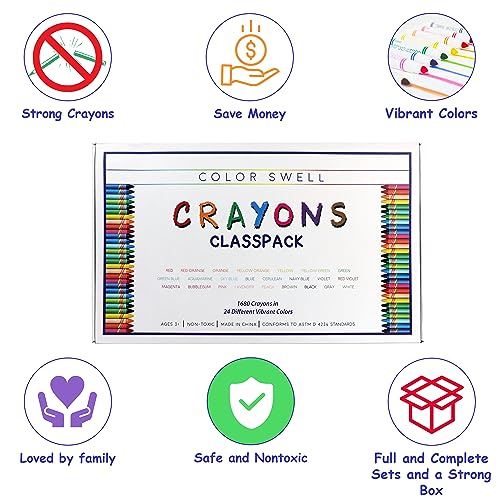 Color Swell Crayon Classroom Bulk Pack, 24 Colors (1680 Total) - size: 70 Pack | 1680 Crayons