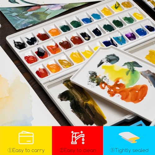 MEEDEN Watercolor Palette with Lid: 33 Wells Airtight Folding Paint Palette | Leakproof Palette with Large Mixing Tray - Empty Acrylic Painting Art Pallet 12.5"x 6.5", Yellow - color: Yellow
