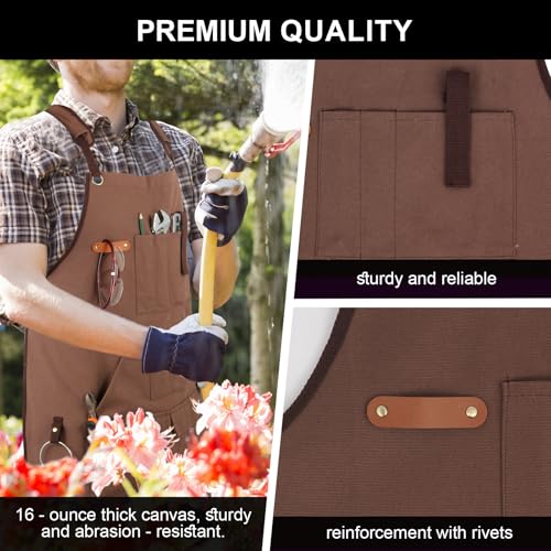 Men's Canvas Tool Apron, Heavy Duty Multi-Pocket Work Apron for Woodworking Gardening Bartender Adjustable Straps - color: Brown