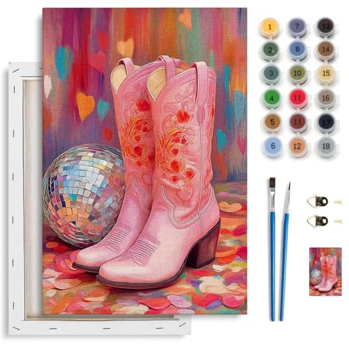 Spandrel Pink Cowboy Boots Framed Paint by Numbers Kit for Adult, Disco Ball Adult Paint by Number Kits on Canvas, DIY Acrylic Oil Easy Painting by Numbers for Home Wall Decor, 8x12in - color: Pink Cowboy Boots