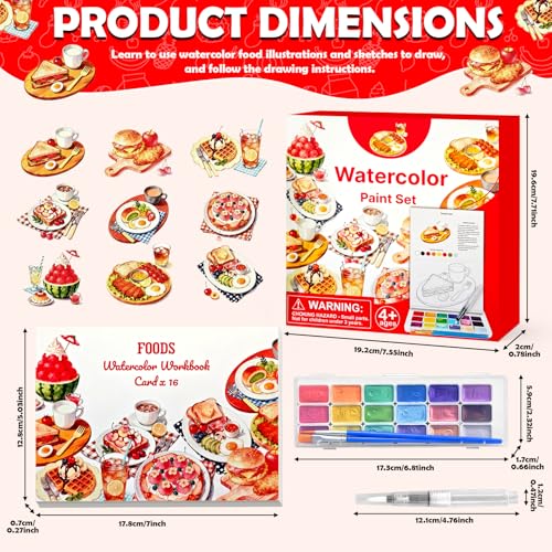Beautiful Watercolor Book for Beginners, Water Coloring Book with 300GSM Paper, Glitters Colors Watercolor Paint Set with Brush, Watercolor Paint Book for Adults (Food) - color: Food
