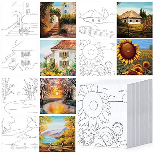 Honoson 6 Pcs 6 Inch Pre Drawn Outline Canvas Paint Kit with Pictures for Adults Paint Party Stretched Canvas Art Boards Set for Adult Beginner(Classic Style) - style: Classic Style
