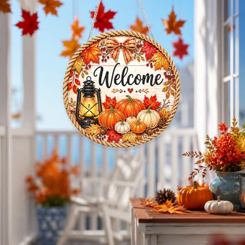 Yunzlly DIY Hanging Fall Diamond Art Pendant Kit, Special Crystal Autumn Diamonds Painting Ornament Kit for Adults Acrylic Board Gem Painting Kit (Welcome Sign) - color: Welcome