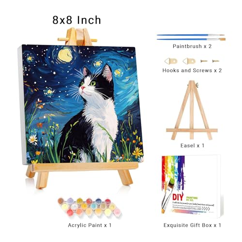 Framed Paint by Numbers Kit for Adults Beginner & Kids Ages 8-12 Cat Adult Paint by Number Kits on Canvas with Easel Starry Night Painting by Numbers for Adults with Frame DIY Painting Kits 8x8 Inch - color: NZB23b, size: 8x8 Inch