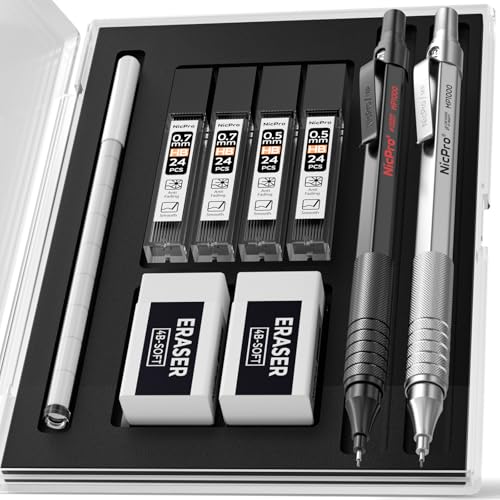 Nicpro 2 PCS Metal Mechanical Pencils 0.5mm & 0.7 mm with Case | MP1000 Artist Pencil Set with 4 Tubes HB Lead Refills, 2 Erasers, 9 Eraser Refills For Art Writing Drafting, Black & Silver - color: Silver,Black