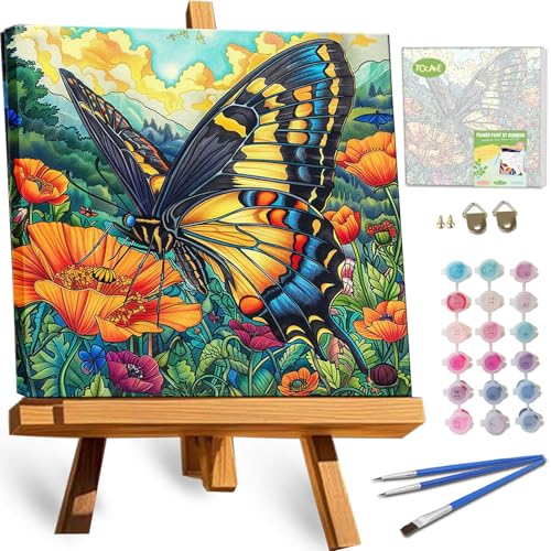 TOCARE Framed Paint by Numbers Kit for Adults & Kids Ages 8-12, 12x12Inch Colorful Butterfly Paint by Numbers with Frame, Flower Paint by Number Framed Canvas for Animal Lovers (Without Easel) - color: TC-F-368
