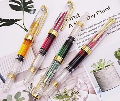 Lanxivi Yongsheng 3011 Demonstrator Clear Classical Fountain Pen Fine Nib Arrow Clip, Piston Filling System, Gold Trim, Set of 4 Pieces in transparent Color - color: 3011, F