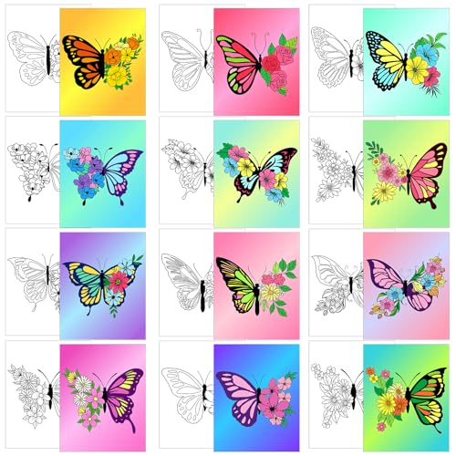 Affrolling 12 Pcs Pre Drawn Canvas for Painting for Adults 8 x 8 Inch Canvas Painting Kits Stretched with Drawing Ready to Paint Beginner Artists Date Night Party Supplies(Butterfly) - style: Butterfly