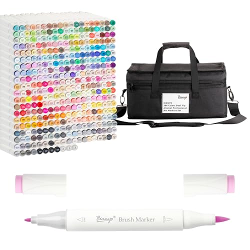 Bianyo 366 Colors Dual Tip Professional Alcohol Markers Set, Brush and Fine Tips for Coloring Illustration Portraits Comics Fashion Architecture, Includes Carry Bag with Shoulder Strap - color: 366 Colors + 3 Extra Black Markers + 3 Colorless Blenders - B