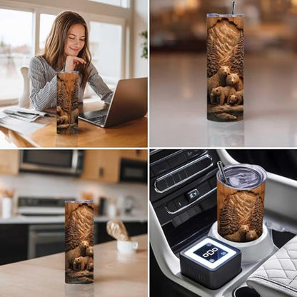 Firmiso 20 oz Tumbler｜Skinny Insulated Travel Mug｜Bear Family Mountain Forest Stainless Steel Cup with Lid and Telescopic Straw｜Rustic Wildlife Drinkware｜Outdoor Gift Idea for Men - color: Bear Family