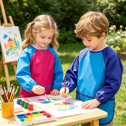 2 Pack Kids Art Smock Waterproof with Long Sleeve and 3 Roomy Pockets Artist Children Aprons for Toddlers Age 3-8 Painting Crafts(Rose Red0 - color: 2 Pack Rose Red