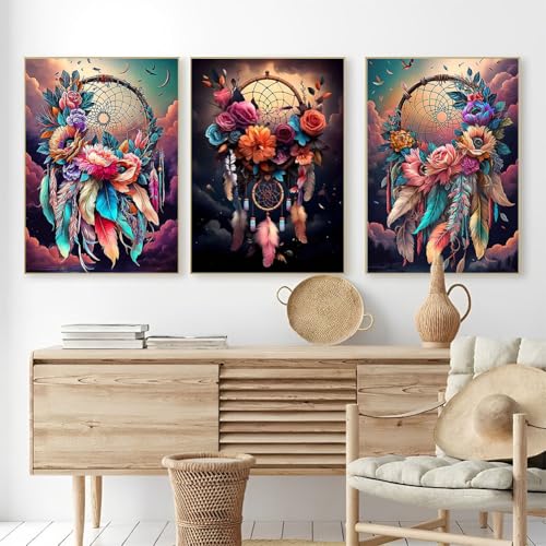 OFRKE Diamond Painting Kits for Adults, 3 Pack Colorful Dream Catcher DIY 5D Diamond Art Kits for Beginners Full Round Drill Diamond Crystal Craft Kits for Home Wall Art Decor Gifts 12x16 inch - color: 3pcs-Dream Catcher