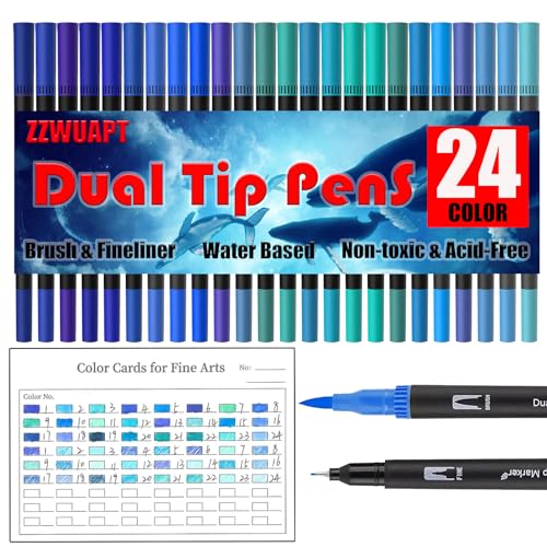 Blue Double Tip Brush Pens Art Markers,24 Colored Artist Fine Brush Pen Coloring Markers for Adult Drawing Art Craft Kit - color: Blue