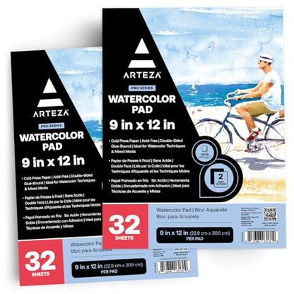 ARTEZA Watercolor Paper, Pack of 2, 32 Sheets Each, 9x12 Inches Watercolor Sketchbook, 140lb/300gsm, Cold Press, Acid Free Art Paper - style: 64 Sheets