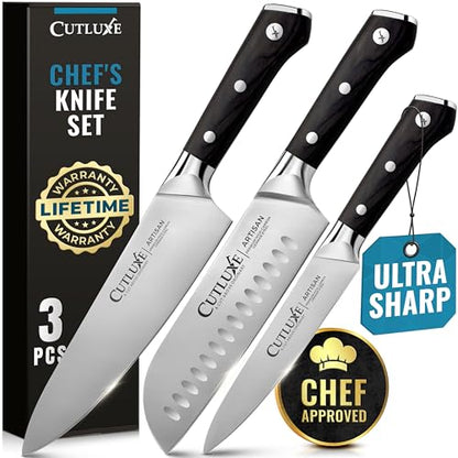 Cutluxe Chef Knife Set, 3-Piece Kitchen Knives – Razor Sharp German Steel | Professional Full Tang Blades with Ergonomic Handles – Artisan Series, Forged High Carbon - size: 3 Pcs Knife Set