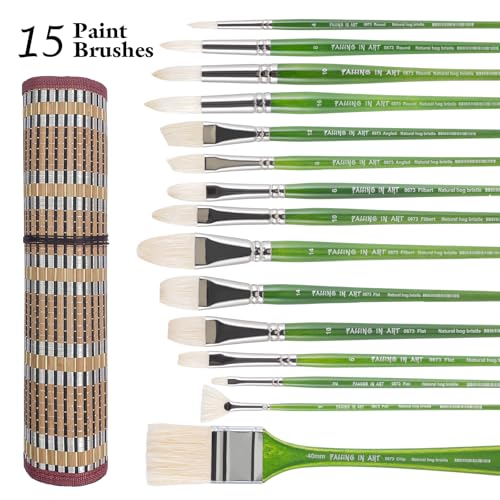 Falling in Art 15 Pcs Professional Oil Paint Brush Set, Natural Hog Bristle - color: Green
