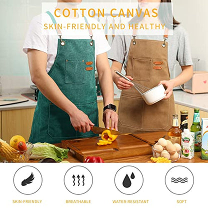 Tosewever Canvas Cross Back Chef Cotton Aprons for Men Women with Large Pockets - color: Green
