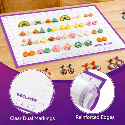 Clay Roller with Thickness Rings and 16" x 12" Silicone Clay Mat with Measurement,Oven-Safe Work Mat with Texture,Reusable Silicone Non-skid Pad,Clay Rolling Pin,Polymer Clay Tools