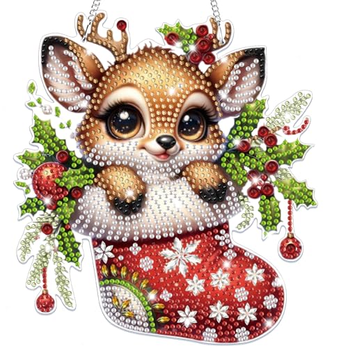 Bowetile Christmas Diamond Art Hanging Kits for Adults, 5D Special Shape Diamond Painting Kits Deer, Crystal Gem Painting Arts and Crafts for Christmas Gifts for Home Garden Decor - color: Deer