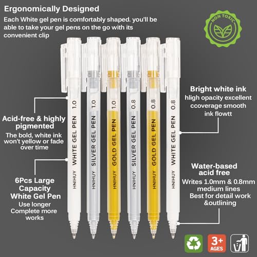 White Gel Pens, 0.8mm,1.0mm Fine Point Opaque Archival Ink Pens | Opaque White Archival Ink Pens for Black Paper Drawing, Sketching, Illustration, Bullet Journaling - color: Multicolor