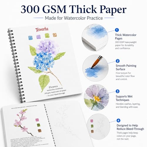 Teswarha Flowers Watercolor Workbook With12 Sheets 300GSM Art Paper 16 Colors Watercolor Paint Set with 2 Watercolor Brushes Water Coloring Book Kit for Adults Teens 8.2 x 9.8in - color: Pink