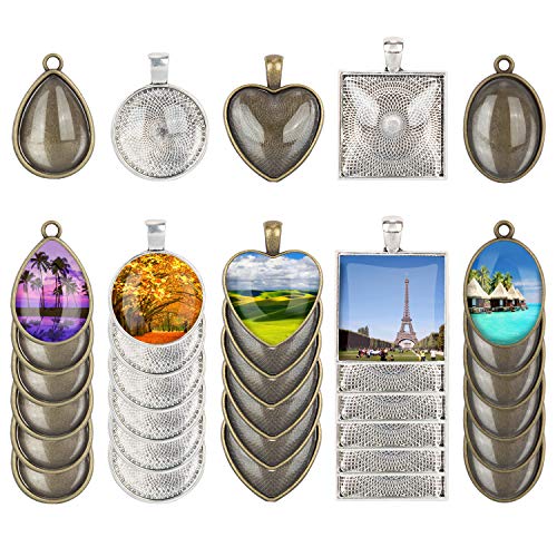 60Pcs Pendant Trays 5 Styles Resin Jewelry Making Kit with Glass Cabochons - color: 30Pcs Metal Pendant+30pcs Bright Glass Cabochon