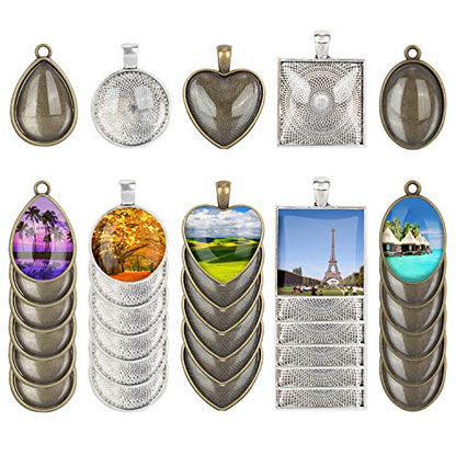 60Pcs Pendant Trays 5 Styles Resin Jewelry Making Kit with Glass Cabochons - color: 30Pcs Metal Pendant+30pcs Bright Glass Cabochon