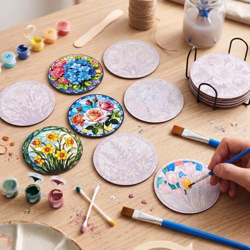 Reallnaive 8 Pcs Flower Paint by Numbers Kit for Adults Wood Floral Coaster - style: Floral