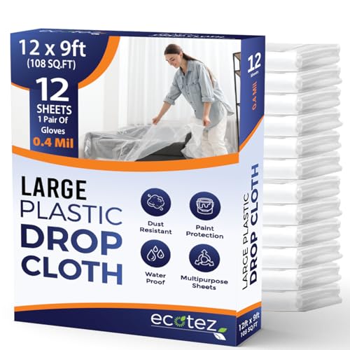12 Pack 12 x 9 ft Extra Large Plastic Drop Cloth for Painting | Light & Durable Tarp Cover for Furniture Plastic Clear Tarp Waterproof - Paint Floor Covering - Painters Drop Cloth Sheeting - size: 12 Pack