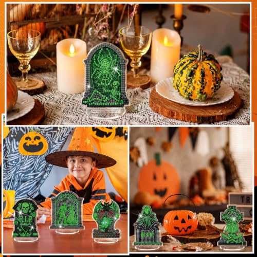Kosiz 9 Pcs Halloween Diamond Painting Tabletop Decorations Tombstone Diamond Art Kits for Adults Double Sided Acrylic Tombstone Skull Centerpieces Sign for Table Beginner DIY Crafts Gifts Party Decor - style: Tombstones