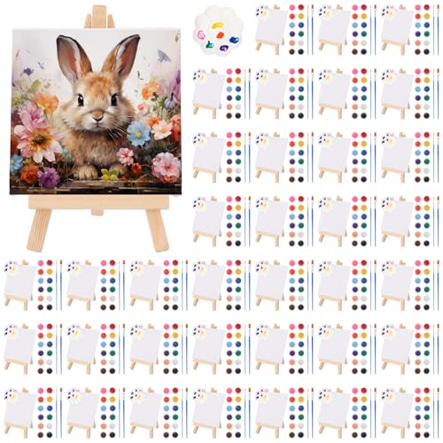 Qilery 36 Set 4 x 4 Inch Mini Canvas Boards with Easel Painting Kit, Acrylic Paints Strips, Brushes, Palette, Oil Art Set for Acrylic Birthday Party Favors - size: 4 x 4 Inch