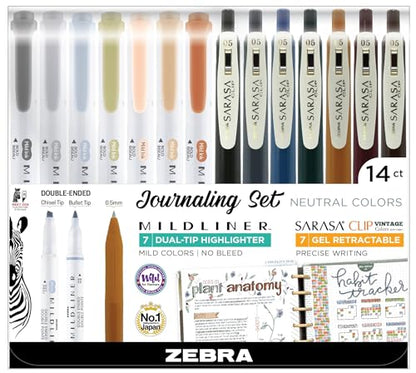 Zebra Pen MILDLINER Highlighter & SARASA Clip Set, Neutral Vintage, 14-Pack | Includes 7 SARASA Clip Vintage Gel Pens and 7 MILDLINER Neutral Highlighters, Ideal for Journaling and Note-Taking (10114) - style: Journaling Set Vintage Neutral