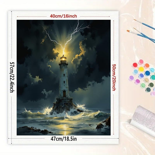Stormy Lighthouse Paint by Numbers Kit for Adults - DIY Ocean Waves and Lightning Painting on Canvas 16x20In, Acrylic Paint Set, Suitable for Beginners, Art for Home Decoration or Gifts - color: HSX02370, size: 16X20IN Folded