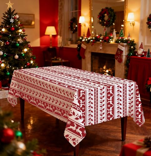 HEIPINIUYE 2 Pack Christmas Tablecloth Disposable 54 x 108 Inch Red and White Xmas Plastic Table Cloth Disposable Rectangle Table Cover for Christmas Birthday Picnic Party Xmas Tablecloths - color: Christmas Tablecloth Disposable, size: 2 Pack