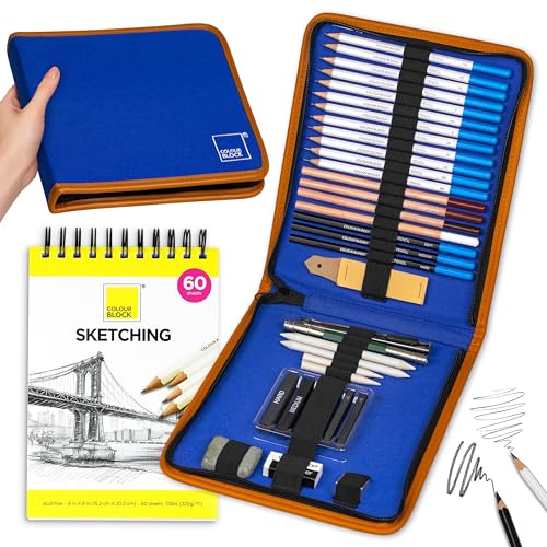 COLOUR BLOCK Drawing Travel Art Set 37 PCS, Pencils & Kits-Art Supplies for Kids, Teens, Adults-Colored Pencils, Charcoal, Pastels, Sketch Books for Artists, Anime Drawing, Architecture