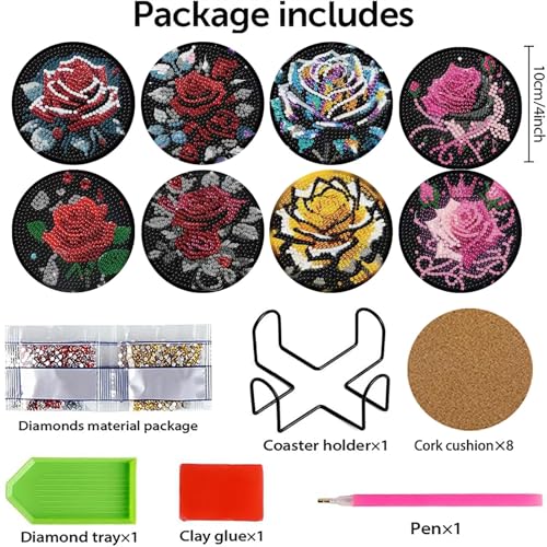 Mrnsiet 8PCS Diamond Art Coasters with Holder, DIY Flowers Diamond Painting Coasters Kits for Adults, Non Slip Rose Florwers Mosaic Dot Painting Coaster Gift Set for Beginners 4x4 Inch - color: BDWY310-US