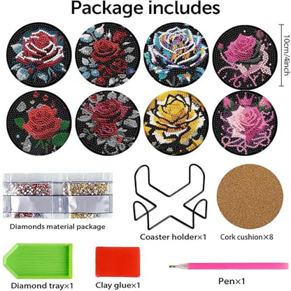 Mrnsiet 8PCS Diamond Art Coasters with Holder, DIY Flowers Diamond Painting Coasters Kits for Adults, Non Slip Rose Florwers Mosaic Dot Painting Coaster Gift Set for Beginners 4x4 Inch - color: BDWY310-US