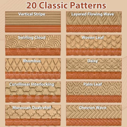 20 Pcs Clay Texture Rollers Set, 3D-Printed Clay Pottery Tools 5 in x 0.65 in for Miniatures, Tabletop, Pottery, DIY Crafting, Jewelry Crafting - size: 5 Inch