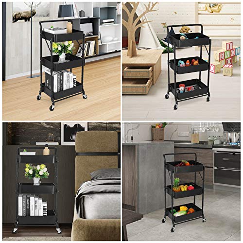 Foldable 3 Tier Metal Utility Rolling Cart, Folding Mobile Multi-Function Storage Trolley Organizer Cart for Home Library Office(Black) | Collapsible Rolling Storage Cart with 3 Hanging Cups, Folding Storage Trolley Organizer Cart for Home Office Kitchen(