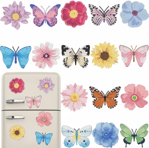 16 Pcs Butterfly Diamond Painting Magnets Kits Flower Diamond Art Fridge Magnet Refrigerator Sticker Diamond Painting kit for Beginners Adults DIY Art Craft Gifts Home Decors - color: Butterfly