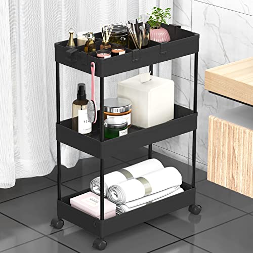 SPACELEAD 3 Tier Rolling Cart with Wheels, Storage Craft Art Trolley Organizer Serving, 3 Hanging Baskets Easy Assembly, for Office, Bathroom，Living Room, Kitchen, Black - color: Black