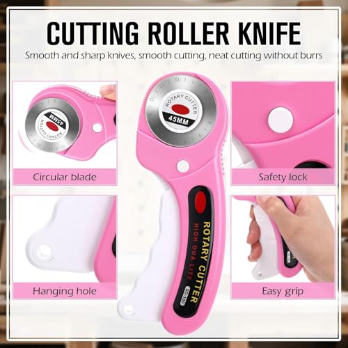 Lothee 12 Set 45mm Rotary Cutter for Fabric, Ergonomic Handle Rolling Cutter with Safety Lock for Fabric, Sewing, Quilting, Cloth, Paper, Leather, Arts Crafts Dressmaking(Pink) - color: Pink