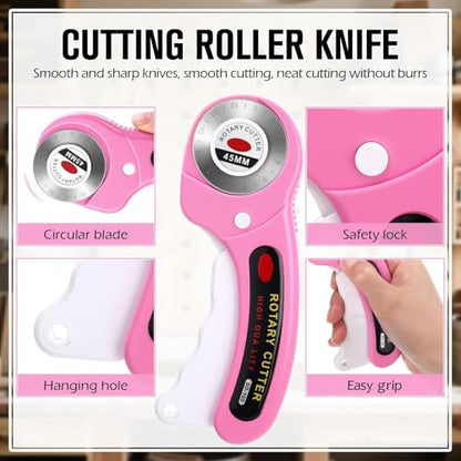 Lothee 12 Set 45mm Rotary Cutter for Fabric, Ergonomic Handle Rolling Cutter with Safety Lock for Fabric, Sewing, Quilting, Cloth, Paper, Leather, Arts Crafts Dressmaking(Pink) - color: Pink