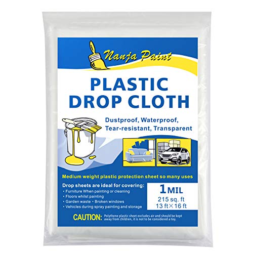 NANJA 13x16Ft Plastic Drop Cloth 1 Mil Clear Tarp for Painting,Furniture | Clear waterproof drop cloth. Protects floors, furniture, carpets from spills & dust.