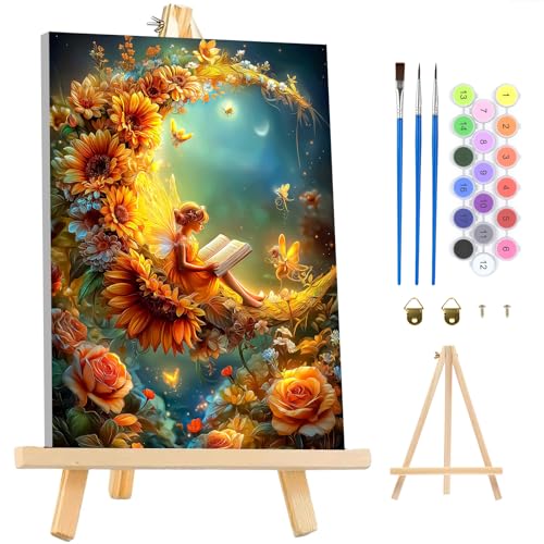 MAXBYE Moon Paint by Numbers Kit for Adults with Frame and Wooden Easel, Fairy Easy Painting Numbers Art Kits with Frame on Canvas, DIY Acrylic Painting Kit for Gift Home Wall Garden Decor 10×14 in - color: ZL060